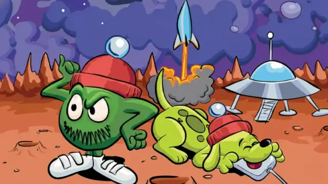 Official art from the Toon RPG second edition, featuring a cartoon martian and his green dog on an alien planet, ala Marvin the Martian from Looney Tunes.