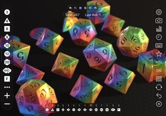 A screenshot of Dice by PCalc showing a set of colourful dice that are refracting in a pleasing way through the new glass controls.