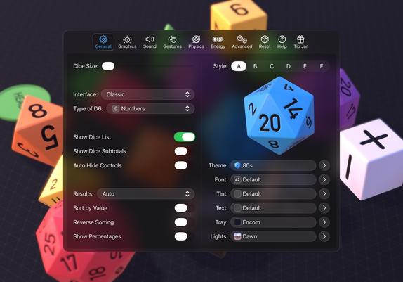 A screenshot of Dice by PCalc showing the settings window which looks more in keeping with the Liquid Glass styling of the OS.