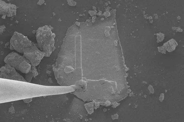 A grey-scale image featuring a microscopic particle of asteroid Bennu, brought to Earth by NASA’s OSIRIS-REx mission, manipulated under a transmission electron microscope. In order to move the fragment for further analysis, researchers first reinforced it with thin strips of platinum (the “L” shape on the particle’s surface) then welded a tungsten microneedle to it. The asteroid fragment measures 30 micrometers (about one-one thousandth of an inch) across.
Credit: NASA