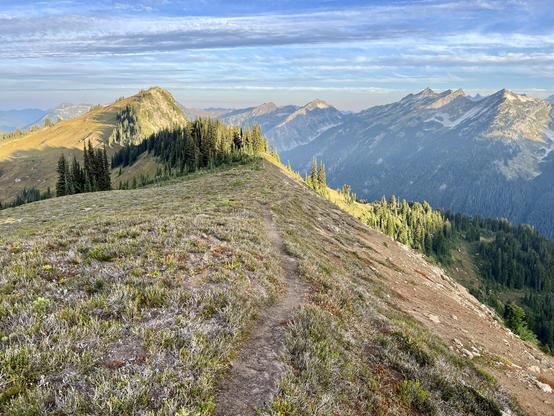 A narrow dirt trail follows a grassy ridgeline through alpine terrain, with evergreen trees clustered along the ridge ahead. Sunlit mountain peaks rise in the distance under a blue sky streaked with clouds. The ridge drops steeply into forested valleys.