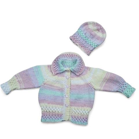 A pastel-coloured knitted baby cardigan with matching hat, featuring soft stripes of lavender, mint green, and yellow, set against a plain white background.