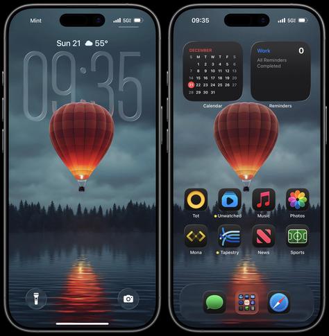 Two smartphone screens showing a hot air balloon wallpaper with a reflection on water; the left screen shows time and weather, the right shows app layout.