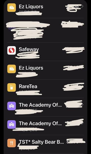 Transaction record (with details redacted) for my daughter’s Apple Cash. Stores are:
Ez Liquors x2
Safeway
RareTea
Academy of Alameda (her school)
TST * Salty Bear
