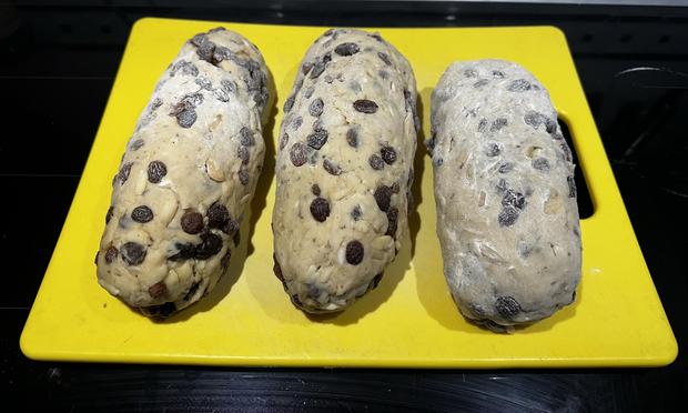 Raw stollen loafs waiting to be put into the oven.