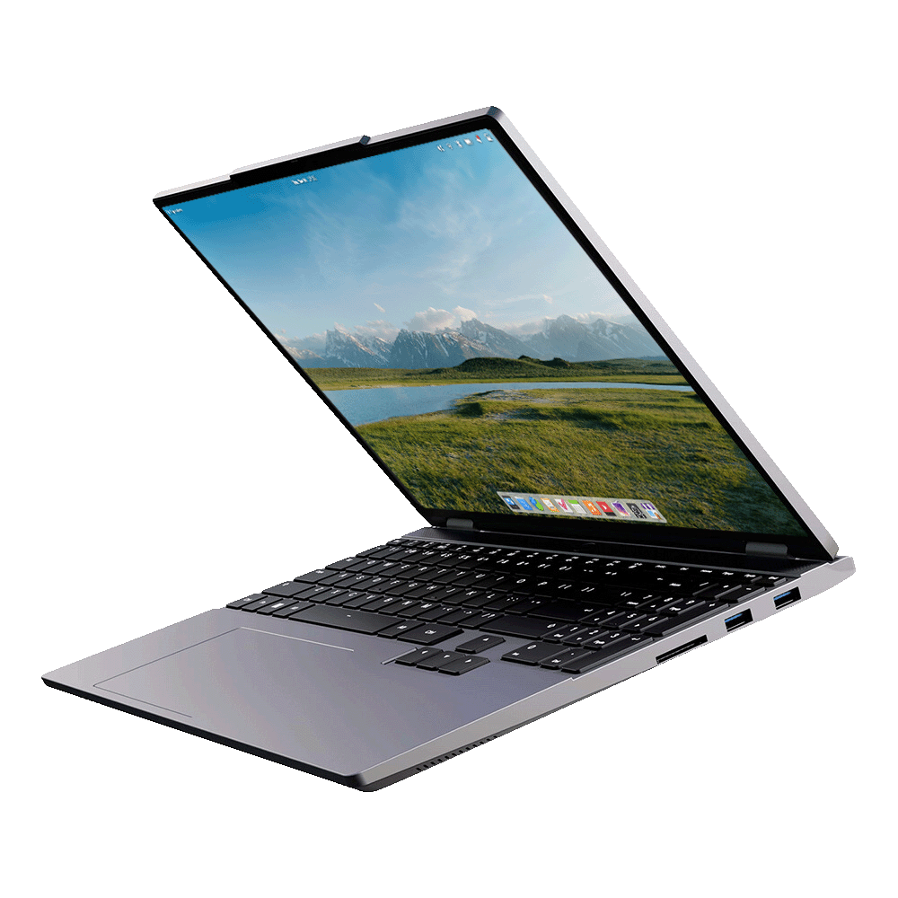 A stylized photo showing a laptop running elementary OS floating in the air from a side angle