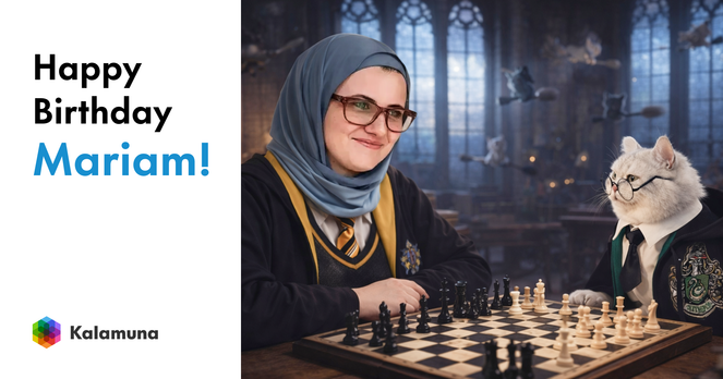 “Happy Birthday Mariam!” graphic beside an AI-generated scene of a woman in wizard robes and glasses, wearing a blue headscarf, seated at a wooden table playing chess against a gray cat dressed in Hogwarts-style robes. The setting resembles a magical university hall with floating objects in the background, evoking the Harry Potter universe. The Kalamuna logo appears in the corner.