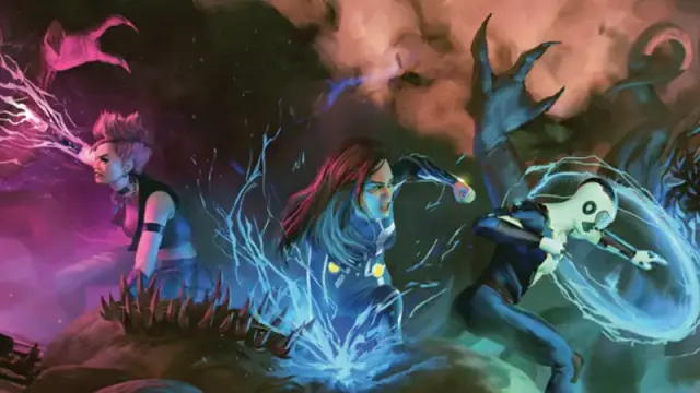 Official art from Doom Guard: The RPG, featuring three superheroes battling eldritch horrors on a city street at night.