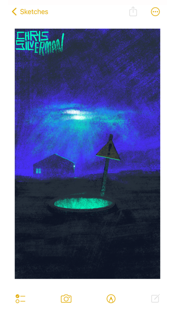 A desolate, barren, gray desert stretches away under a deep indigo night sky that, despite the color, still appears overcast. In the foreground is what looks like an open manhole, the interior glowing green. Planted next to the hole is a triangular warning sign with a question mark. On the foggy horizon is a house with two windows glowing a dull green, and a small light. Beyond the house is a blurry mountain. Above both, filtering down through the clouds, are two blazing greenish-white lights. The painting is signed “Chris Silverman”.