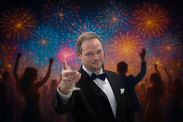A man, well dressed in a suit, raises a champagne glass in a toast. In the background, a New Year's Eve party is in full swing with fireworks and all the trimmings.