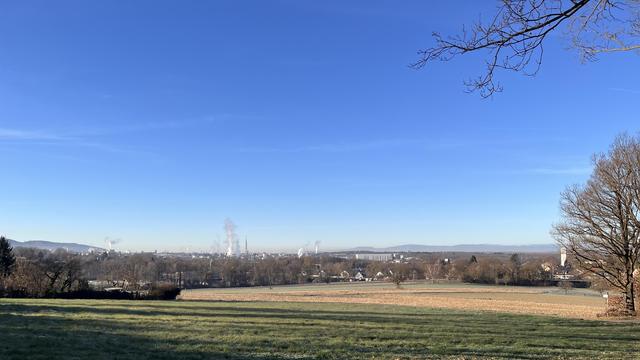 Blick vom Rebberg auf Freiburg (mit einigen rauchenden Schornsteinen im Industriegebiet Nord) und Gundelfingen 