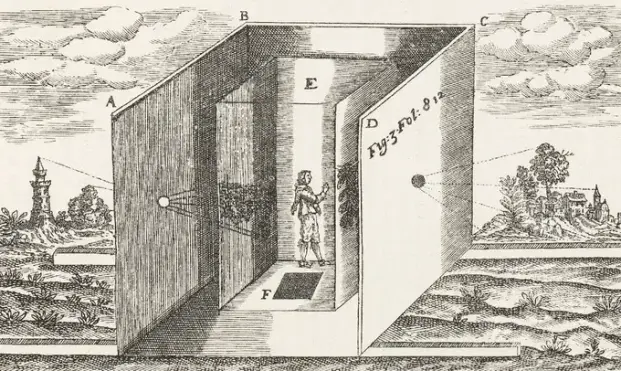 “Athanasius Kircher’s camera obscura”, illustration from Kirscher’s Ars magna lucis et umbrae (1671) reproduced in Josef Maria Eder’s Ausführliches Handbuch der Photographie (Detailed handbook of photography, 1905) —
The illustration shows a portable camera obscura constructed as a tent-like or box-like structure with labeled components (marked A through F). The device appears as a dark chamber with angled walls forming a peaked roof configuration. The structure has two main panels or walls meeting at angles, with openings and apparatus integrated into the design.
Key Components:
Point A: The left wall of the structure, shown with vertical line shading indicating the dark interior surface
Point B: The peak or top junction where the angled walls meet
Point C: The right wall section
Point D: What appears to be an opening or lens mounting area with descriptive text "Fig.3. 4 &c." indicating reference to other figures in the original work
Point E: A vertical column or mounting apparatus in the center
Point F: The floor or base platform where a figure stands
https://www.rijksmuseum.nl/en/collection/object/Fotoreproductie-van-een-prent-voorstellende-een-draagbare-camera-obscura--12b0cd8c581a73030dbcb772134f2df9
