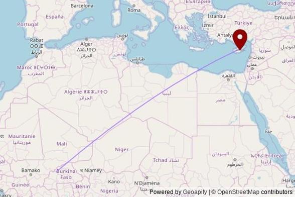 A map showing the great circle route from Tougan in Burkina Faso to a map pin at Αγίου Ανδρέα, Αγίου Ανδρέου 4, 2029 Strovolos, Cyprus