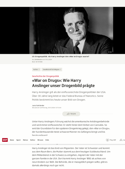 

    Kultur
    Gesellschaft & Religion

Inhalt
Geschichte der Drogenpolitik - «War on Drugs»: Wie Harry Anslinger unser Drogenbild prägte

Harry Anslinger gilt als der einflussreichste Drogenpolitiker der USA. Über 30 Jahre lang leitet er das Federal Bureau of Narcotics. Seine Politik bestimmt bis heute unser Bild von Drogen.