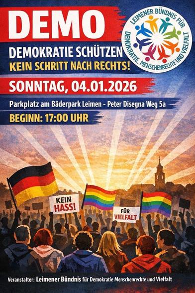 Text ses Sharepics im Post.

A promotional poster for a demonstration titled "Protect Democracy - No Step to the Right!" scheduled for January 4, 2026, in Leimen, Germany. The image features a crowd holding flags and signs advocating against hate and for diversity.
