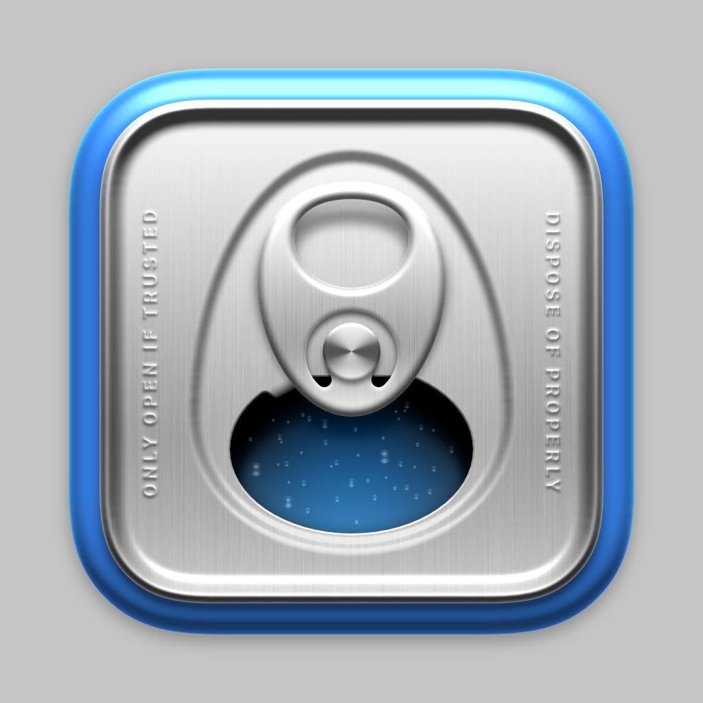 A top view of an aluminium drinks can, in the shape of a modern Mac app icon. The can is blue on the outside and has blue fizzy liquid inside. Embossed text on top says "only open if trusted" and "dispose of properly".