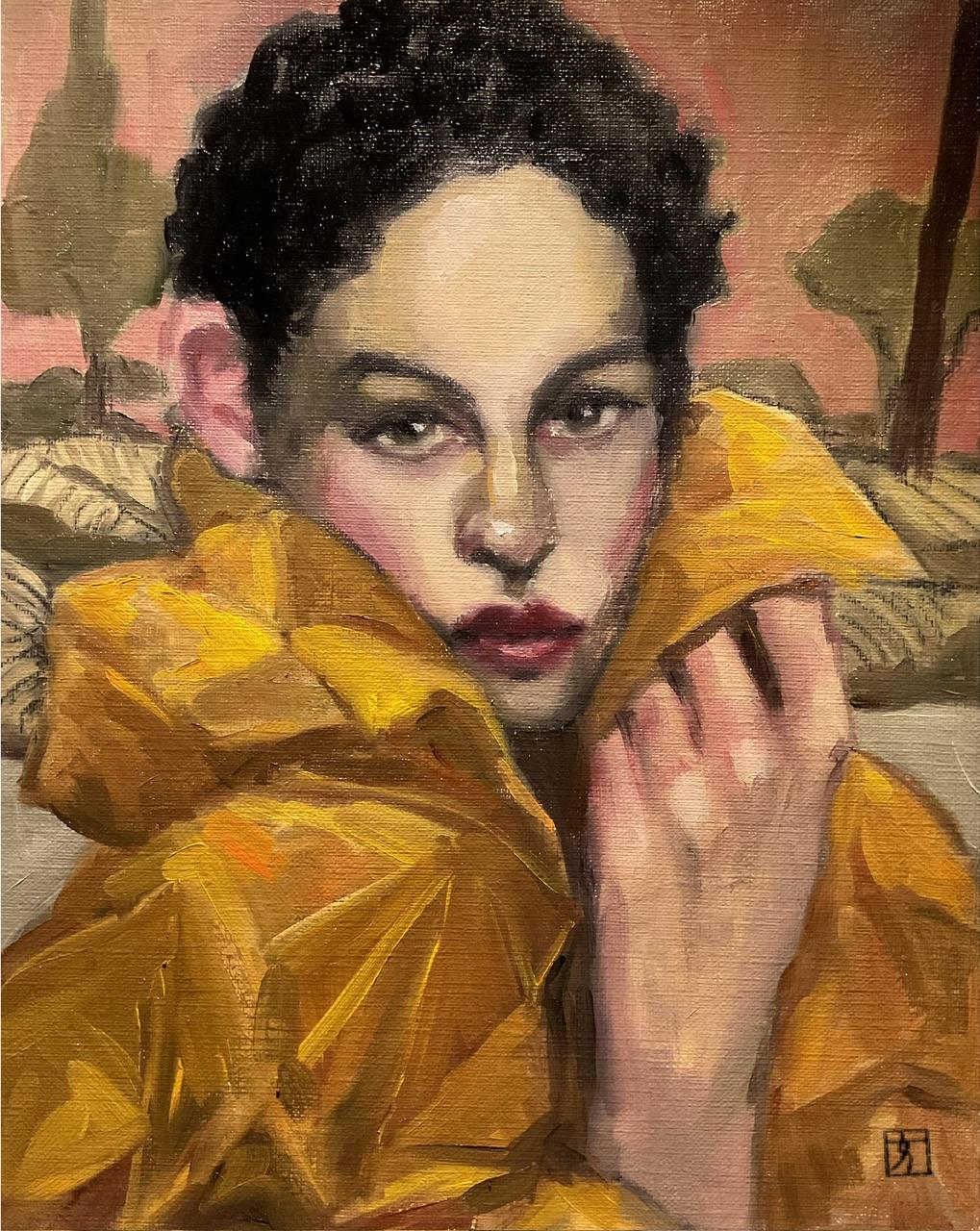 A a beautiful woman with very short black hair with tight curls is looking face on, with a gold emergency blanket wrapped around her, one hand clutching an edge. Behind is a pastoral landscape scene less realistically painted in greens, with a rosy sunrise sky.