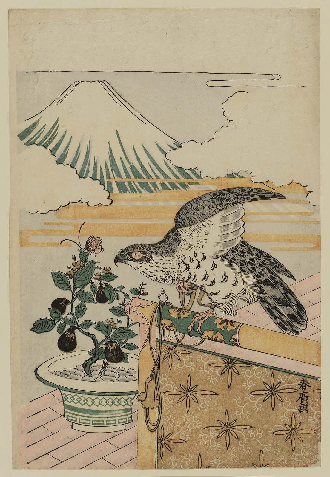 Woodblock print of Mt Fuji, eggplants and a hawk...auspicious symbols for the New Year.

Image thanks - https://ja.ukiyo-e.org/