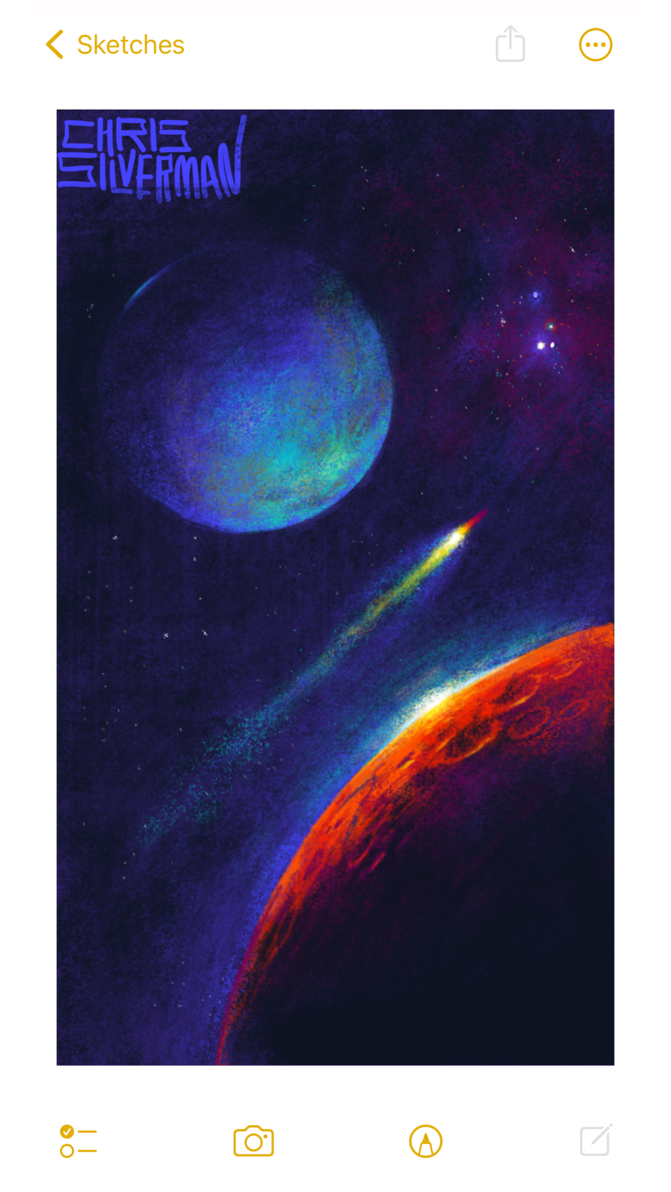 Deep space. In the immediate foreground, on the left, is a red, rocky planet with visible craters, a white glow on the horizon. Still close but farther back is a blue-green planet with a rough surface texture and a few slight lines. Streaking between them is a rocket ship that looks like little more than a red bullet with a blazing white glow and rainbow-ish contrails that start yellow and trail off into blue. The rocket is headed towards a purplish nebula region. The painting is signed "Chris Silverman".