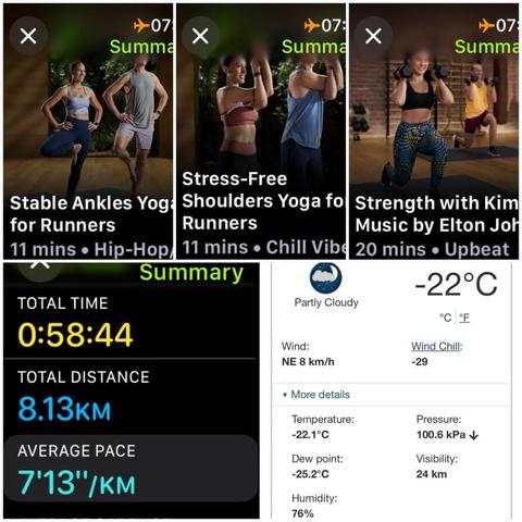 Grid of iOS screenshots:
1) Apple Fitness Stable Ankles Yoga for Runners, 11 mins.
2) Apple Fitness Stress-Free Shoulders Yoga for Runners, 11 mins.
3) Apple Fitness Strength with Kim, 20 mins.
4) Apple Fitness Running Details:
Total Time: 0:58:44.
Total Distance: 8.13 KM.
Average Pace: 7'13"/KM.
5) Environment Canada site showing -22°C, -29 windchill, 76% humidity, and 8 KM/H wind.