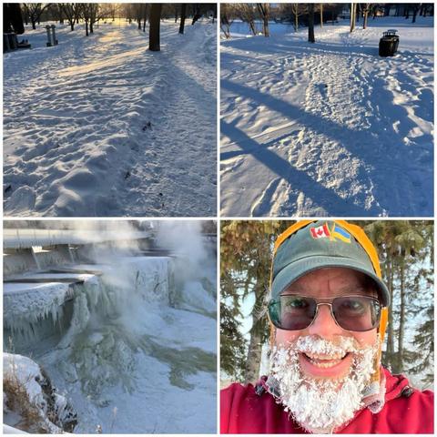 Grid of four photos:
1) snowy path on the right with treed parkland to the left and the sun just out of frame centre-top.
2) Snowy path through park land, with some trash receptacles on the right, and trees
3) Rideau Falls, largely iced over, with some steam rising from the water that hasn't frozen over yet.
4) Selfie of a white bearded man with glasses, a black ball cap with Canadian and Ukrainian flags on it, an orange hoodie and a red outer coat, and a beard covered in ice.