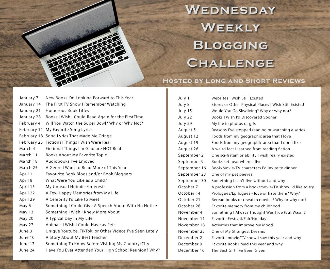 A graphic that shares all 50 Wednesday Weekly Blogging challenge topics for 2026. I will transcribe them in the post as there isn’t space here. Above the list in this image you can see an opened laptop on a wooden table.