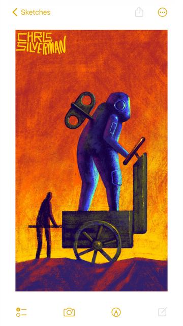 A person pushes a large, wooden, brownish two-wheeled cart over barren bluish-red ground. Standing in the cart is a giant blue robot with a dark brass metal clock key sticking out of its back. The robot is holding a metal steering wheel attached to a steering column. The sky is red-brown, turning yellow towards the horizon. The painting is signed "Chris Silverman".