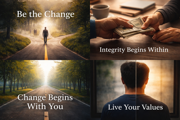 A minimalist, symbolic image showing a lone figure on a clean, quiet road, representing personal responsibility and the idea that meaningful change begins with individual action rather than external forces.