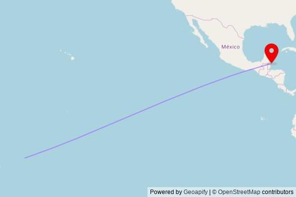 A map showing the great circle route from Pesega in Samoa to a map pin at Emmanuel Pentecostal Church, Mangrove Drive, San Pedro Town, Belize
