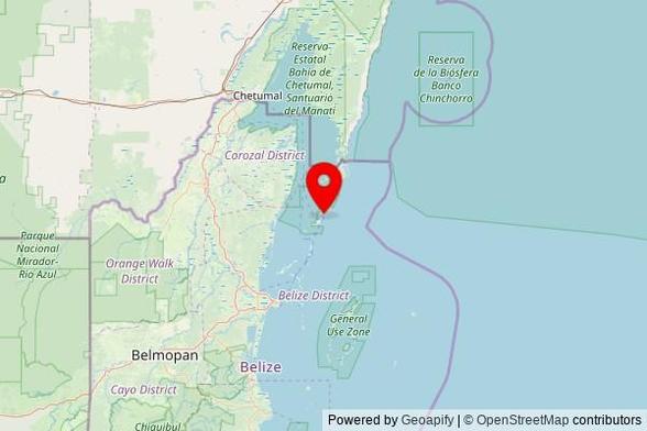 A map showing the area of San Pedro Town with a pin at the position of Emmanuel Pentecostal Church, Mangrove Drive, San Pedro Town, Belize