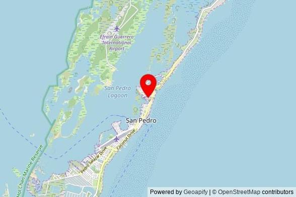 A partially zoomed out map with a pin at the position of Emmanuel Pentecostal Church, Mangrove Drive, San Pedro Town, Belize