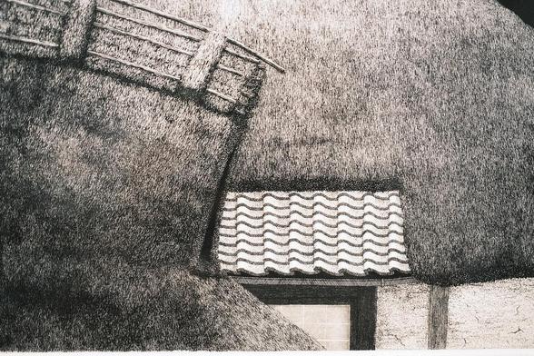 Tanaka Ryōhei, Barn and House No. 3, from the exhibition ‘From Line to Landscape’ at the Museum für ostasiatische Kunst Köln, Dec 2024. Etching and aquatint, 1993. Tanaka created this impressive work shortly before he underwent long-postponed heart surgery. During his convalescence he produced a number of smaller etchings. The edition of the present work was printed in the following year after the artist had fully recovered. The richly varied thatch, particularly in the roof of the smaller building, is achieved by an extreme density of deeply etched lines. When using such a technique the artist has to take great care that the individual lines do not get bitten too deeply. This could affect the tiny copper ridges that define each line and hold the ink. A sideways breakthrough of these minute ridges would create a flat section which will no longer hold the ink and print as blank instead of the desired hues of black.