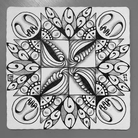 Finished tile with black ink patterns and graphite shading. 