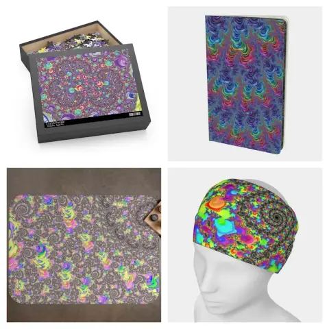 psychedelic rainbow fractal jigsaw puzzle, groovy jewel tone branching fractal notebook, vibrant trippy fractal throw blanket, neon maximalist hippie fractal headband 