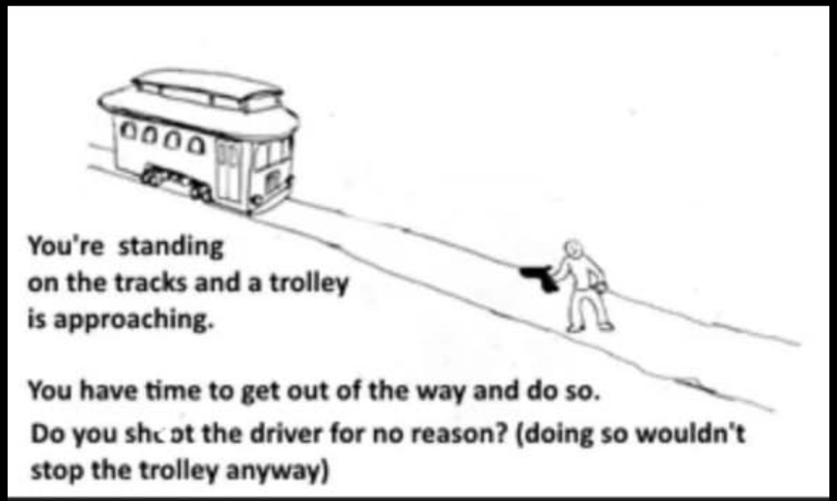 Version of Trolley Problem meme with trolley and just one track with a person wielding a gun standing in the way

Caption:

You're standing on the tracks and a trolley is approaching.
You have time to get out of the way and do so.
Do you shoot the driver for no reason? (doing so wouldn't stop the trolley anyway)