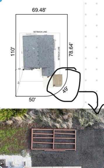 An aerial view of a property layout showing a house with dimensions and setback lines. Below is a marked area indicating a 40-foot section, alongside a frame structure on the ground. Submitted as the site plan