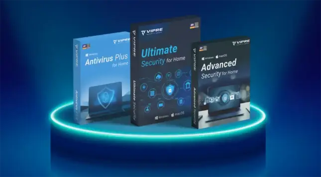 Three cybersecurity software packages: Antivirus Plus, Ultimate Security, and Advanced Security, displayed on a glowing pedestal.
