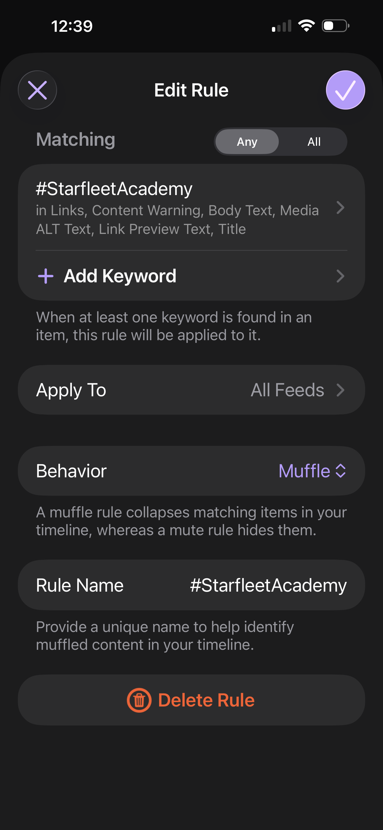 Screenshot from Tapestry for iPhone showing a new filter rule for #StarfleetAcademy which muffled posts about the Star Trek show so I can avoid spoilers.