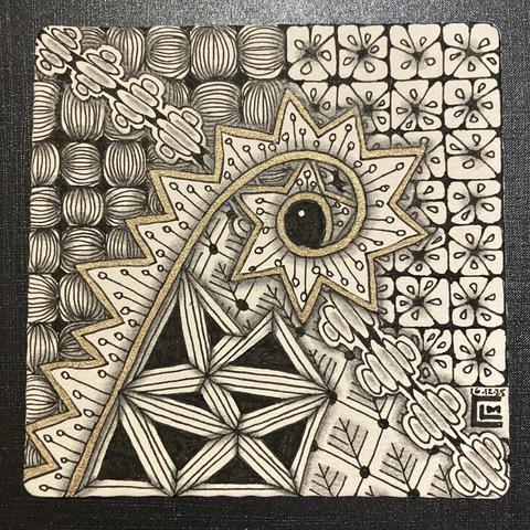 Finished tile with black ink patterns, graphite shading and gold ink highlights. 