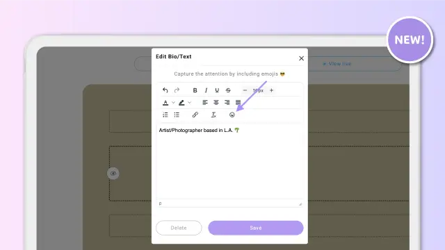 Screenshot from the Lnk.Bio platform showing the new emoji button