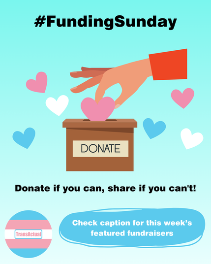 Text reads:#FundngSunday Donate if you can, share if you can't! Check caption for this week's featured fundraisers.

Image shows a hand putting a heart in a box marked 'donate' surrounded by hearts in the colours of the trans flag. 