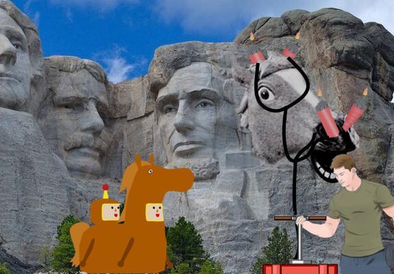 Horace Showpony is on Mt. Rushmore, as the 4th head on the right. James has a demolition  plunger with wires attached to the Showpony head. Two Katamari characters look on, anticipating the impending destruction.