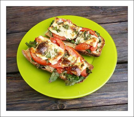 Two open-faced toasts sit invitingly on a bright lime-green plate, the vivid color of the dish making the toppings pop. Each slice of bread is rustic and well-toasted — you can see the crisp, golden-brown crust and a few charred spots where it caught the heat. Crumbs gather at the edges, suggesting a hearty, artisanal loaf beneath.

On top, thick rounds of ripe tomato are layered with puddles of melted white cheese that have blistered to pale gold at the edges. Scattered over the surface are torn green leaves and flecks of herbs — basil or a similar herb — that add a fresh, peppery contrast. Tiny dark specks and browned bits hint that the toasts were finished under a broiler or on a hot skillet, giving the cheese a lightly caramelized texture.

There are also glossy spots of olive oil and what looks like a smear of green pesto or an herby spread peeking from under the tomatoes, lending an aromatic, savory depth. The whole composition feels warm and homey: rustic wood grain beneath the plate, soft natural light casting gentle shadows, and the impression of a simple, satisfying bite — crispy bread, juicy tomato, creamy cheese, and bright herbaceous notes ready to be tasted.