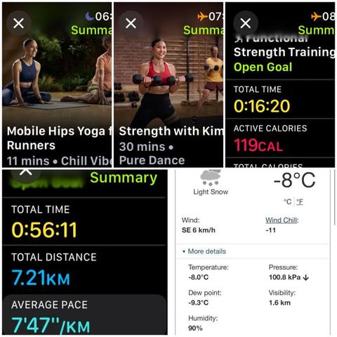 Grid of iOS screenshots:
1) Apple Fitness Mobile Hips Yoga for Runners, 11 mins.
2) Apple Fitness Strength with Kim, 30 mins.
3) Apple Fitness Functional strength training, total time: 0:16:30. 119 Active calories.
4) Apple Fitness Running Details:
Total Time: 0:56:11.
Total Distance: 7.21 KM.
Average Pace: 7'47"/KM.
5) Environment Canada site showing light snow, -8°C, -11 windchill, 90% humidity, and 6 KM/H wind.