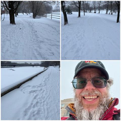 Grid of four photos.
1 & 2) Snowy pathway through parkland with trees.
3) Snowy path along the west shore of the Rideau River in Strathcona Park.
4) Selfie of a white bearded man with glasses, a black ball cap with Canadian and Ukrainian flags on it, an orange hoodie, a red outer coat, and a break with snow and ice in it.