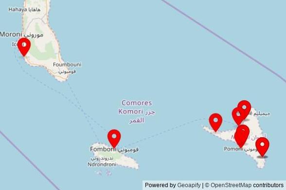 A map showing every place of worship we have visited so far in Comoros including:
مسجد زوياني in Mromouhouli مروموهولي
MOSQUE de Vendredi in Ifoundihé Chambouani
Mosquée du Vendredi in Mutsamudu
Mosquée du Vendredi in Mutsamudu
مسجد لينكني in Lingoni
Mosquée du Vendredi in Mutsamudu
Mosquée de Pomoni مسجد بوموني in Pomoni
MOSQUEE DE ZAOUIYANI in Comoni
MOSQUEE DE ZAOUIYANI in Comoni
مسجد لينكني in Lingoni
MOSQUEE DE ZAOUIYANI in Comoni
MOSQUEE DE ZAOUIYANI in Comoni
MOSQUEE DE ZAOUIYANI in Comoni
MOSQUEE DE ZAOUIYANI in Comoni
Gande mosquée de Fomboni in Fomboni
Mosquée Shababi Dine in Mutsamudu