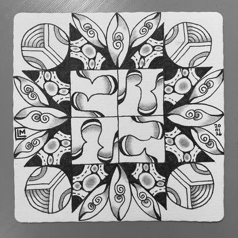 Finished tile with black ink patterns and graphite shading. Four different fragments in the same reticular as before. 