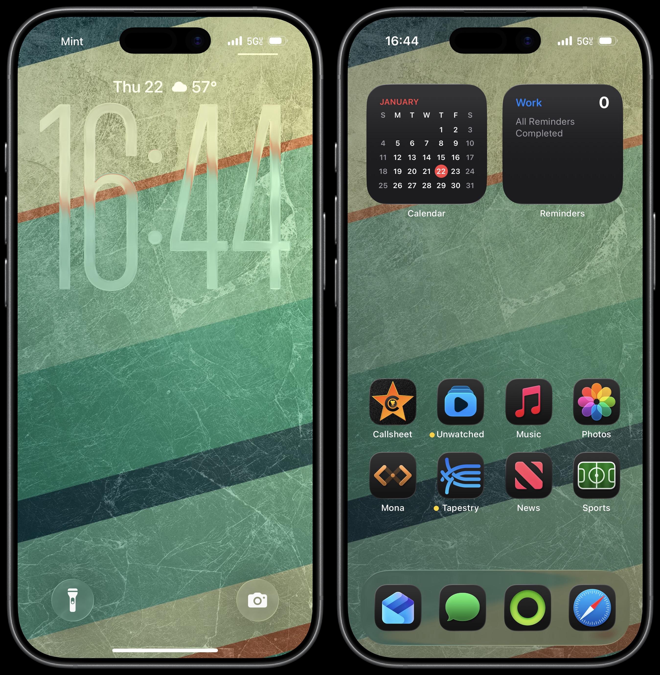 Screenshots of a smartphone home and lock screens displaying the time, date, weather, calendar, and various app icons.