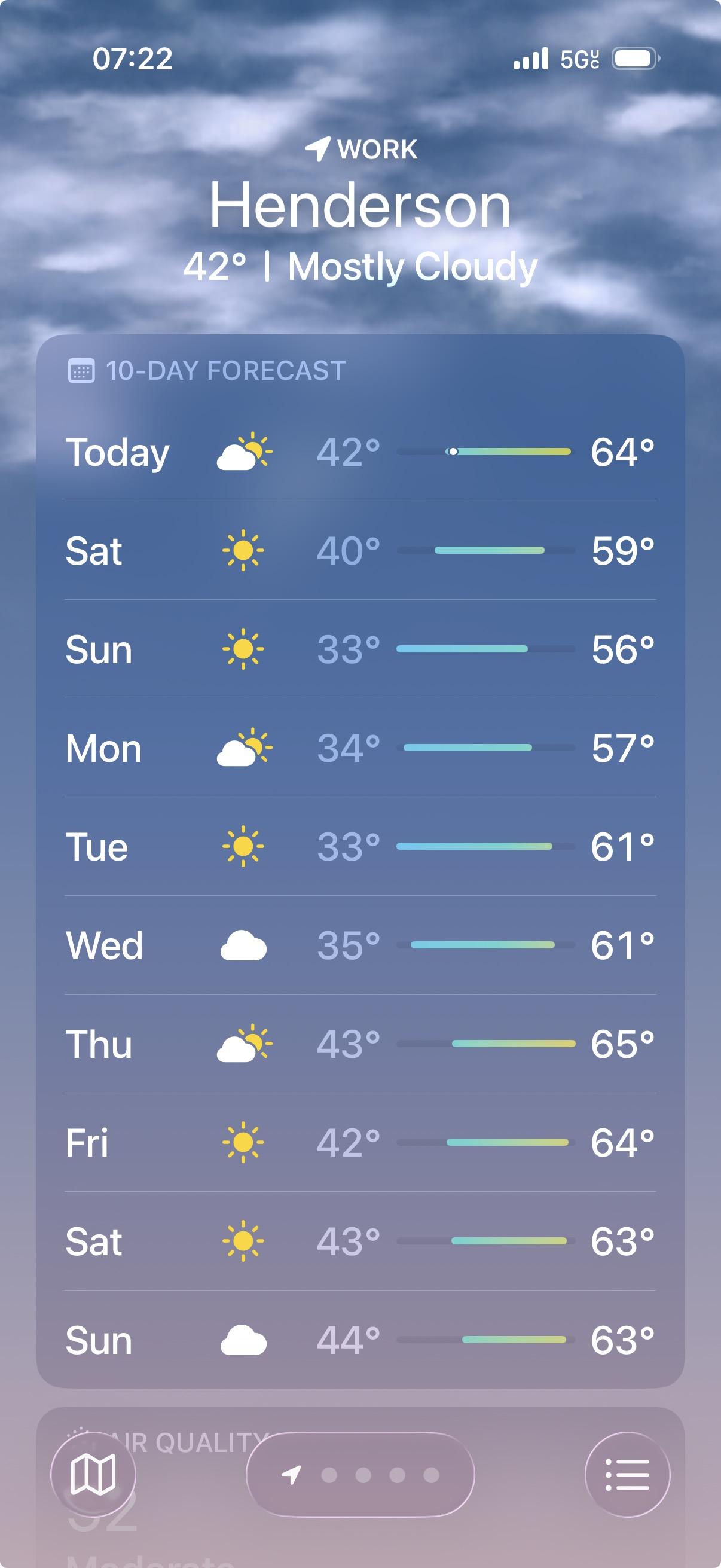 Weather forecast in Henderson showing mostly cloudy skies and temperatures ranging from 33°F to 44°F over the week.