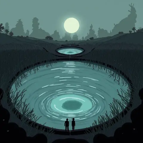 AI-generated image: create SR Cinematic wide shot of an alien wetland at twilight, shallow pond with an unnaturally glos